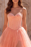 Corset Sweetheart Coral Beaded Tulle A Line Prom Dress with Slit