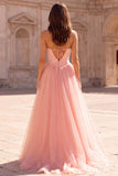 Pink A Line Tulle Corset Sweetheart Prom Dress with Beading