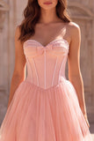 Pink A Line Tulle Corset Sweetheart Prom Dress with Beading