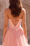 Pink A Line Tulle Corset Sweetheart Prom Dress with Beading