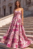 Floral Fuchsia Strapless Pearl Corset A Line Long Prom Dress with Lace-up Back