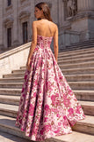 Floral Fuchsia Strapless Pearl Corset A Line Long Prom Dress with Lace-up Back
