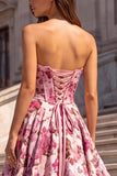 Floral Fuchsia Strapless Pearl Corset A Line Long Prom Dress with Lace-up Back