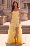 Ruffled Yellow A Line 3D Flower Ruched Strapless Prom Dress with Slit
