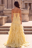 Ruffled Yellow A Line 3D Flower Ruched Strapless Prom Dress with Slit