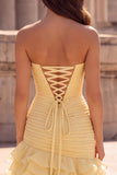 Ruffled Yellow A Line 3D Flower Ruched Strapless Prom Dress with Slit