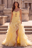Yellow A Line Spaghetti Straps 3D Flower Ruffled Prom Dress with Slit