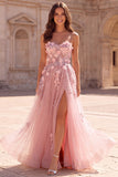 Strapless Pink A Line Floral Applique Sequin Prom Dress with Slit