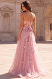 Strapless Pink A Line Floral Applique Sequin Prom Dress with Slit