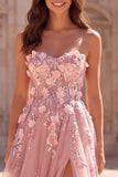Strapless Pink A Line Floral Applique Sequin Prom Dress with Slit