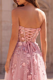 Strapless Pink A Line Floral Applique Sequin Prom Dress with Slit