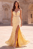 Yellow Mermaid Floral Beaded Prom Dress with Slit