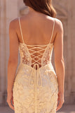 Yellow Mermaid Floral Beaded Prom Dress with Slit