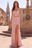 Pink 2-Piece Corset Sequin Floral Applique Mermaid Prom Dress with Slit