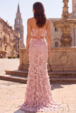 Pink 2-Piece Corset Sequin Floral Applique Mermaid Prom Dress with Slit