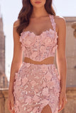 Pink 2-Piece Corset Sequin Floral Applique Mermaid Prom Dress with Slit