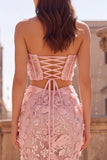 Pink 2-Piece Corset Sequin Floral Applique Mermaid Prom Dress with Slit