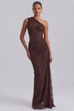 Espresso One Shoulder Sheath Lace Ruched Long Formal Dress