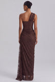 Espresso One Shoulder Sheath Lace Ruched Long Formal Dress