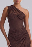 Espresso One Shoulder Sheath Lace Ruched Long Formal Dress
