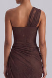 Espresso One Shoulder Sheath Lace Ruched Long Formal Dress