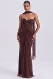 Espresso Corset Mermaid Ruched Strapless Long Formal Dress with Scarf