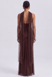 Espresso Corset Mermaid Ruched Strapless Long Formal Dress with Scarf