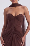 Espresso Corset Mermaid Ruched Strapless Long Formal Dress with Scarf