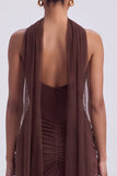 Espresso Corset Mermaid Ruched Strapless Long Formal Dress with Scarf