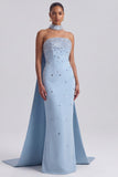 Strapless Mermaid Rhinestone Light Blue Long Formal Dress with Cape
