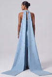 Strapless Mermaid Rhinestone Light Blue Long Formal Dress with Cape