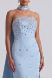 Strapless Mermaid Rhinestone Light Blue Long Formal Dress with Cape