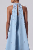 Strapless Mermaid Rhinestone Light Blue Long Formal Dress with Cape