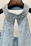 Strapless Mermaid Rhinestone Light Blue Long Formal Dress with Cape