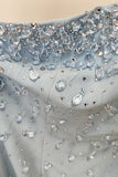 Strapless Mermaid Rhinestone Light Blue Long Formal Dress with Cape