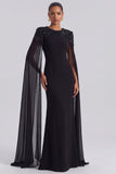 Sequin Black Cape Sleeve Mermaid Long Formal Dress with Rhinestones