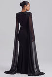 Sequin Black Cape Sleeve Mermaid Long Formal Dress with Rhinestones