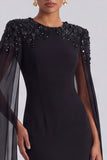 Sequin Black Cape Sleeve Mermaid Long Formal Dress with Rhinestones
