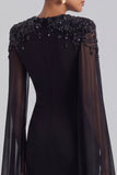 Sequin Black Cape Sleeve Mermaid Long Formal Dress with Rhinestones