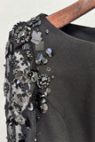 Sequin Black Cape Sleeve Mermaid Long Formal Dress with Rhinestones
