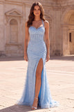 Light Blue Halter Corset Beaded Mermaid Long Prom Dress with Slit