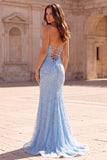 Light Blue Halter Corset Beaded Mermaid Long Prom Dress with Slit