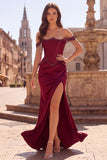 Off the Shoulder Mermaid Corset Beaded Burgundy Prom Dress with Slit