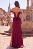 Off the Shoulder Mermaid Corset Beaded Burgundy Prom Dress with Slit