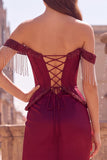Off the Shoulder Mermaid Corset Beaded Burgundy Prom Dress with Slit