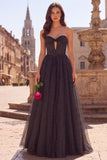 Black Polka Dot A Line Sweetheart Corset Prom Dress with Bow