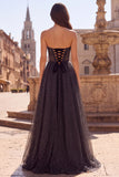 Black Polka Dot A Line Sweetheart Corset Prom Dress with Bow