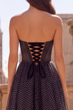 Black Polka Dot A Line Sweetheart Corset Prom Dress with Bow