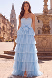 Light Blue Sweetheart Beaded Tiered A Line Prom Dress with Bow