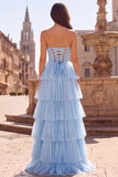 Light Blue Sweetheart Beaded Tiered A Line Prom Dress with Bow